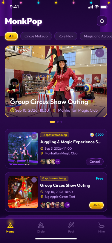 MonkPop event discovery home screen