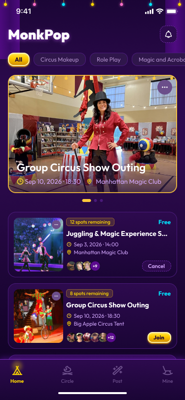 MonkPop event discovery home screen